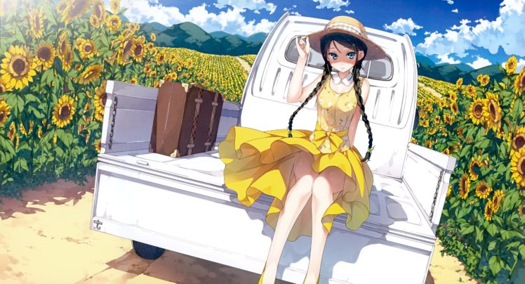 original, Anime, Girl, Sunflower, Sunshine, Sunlight, Yellow, Dress, Car, Summer, Long, Hair HD Wallpaper Desktop Background