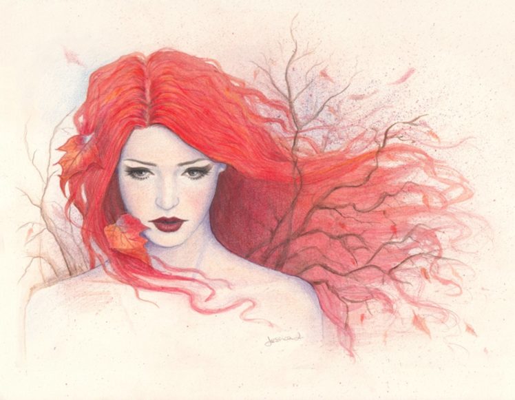 pencil, Girl, Painting, Drawing, Autumn, Red, Hair, Art HD Wallpaper Desktop Background