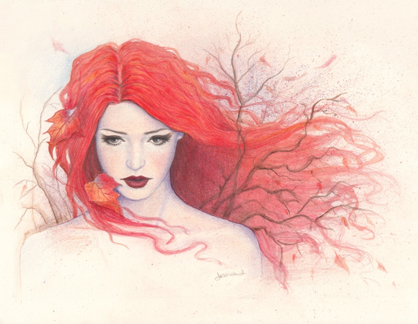 pencil, Girl, Painting, Drawing, Autumn, Red, Hair, Art Wallpaper