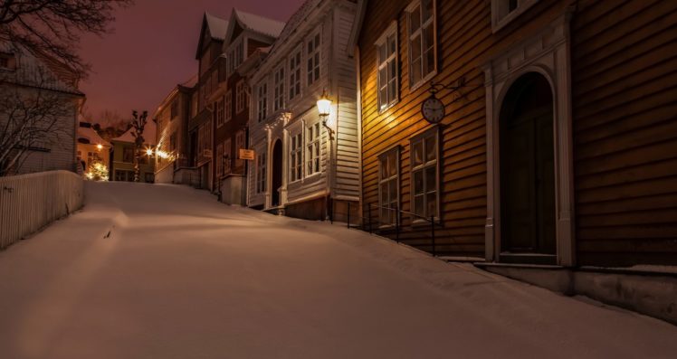 gamlebergen, Norway, Norway, Night, Winter, Snow, Roads, Houses, Clocks, Lights, City, Light, Lighting HD Wallpaper Desktop Background