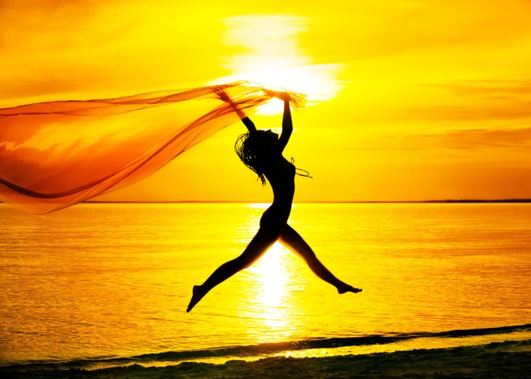 mood, Girl, Jump, Silhouette, Sea, Sunset, Sky, Beach HD Wallpaper Desktop Background