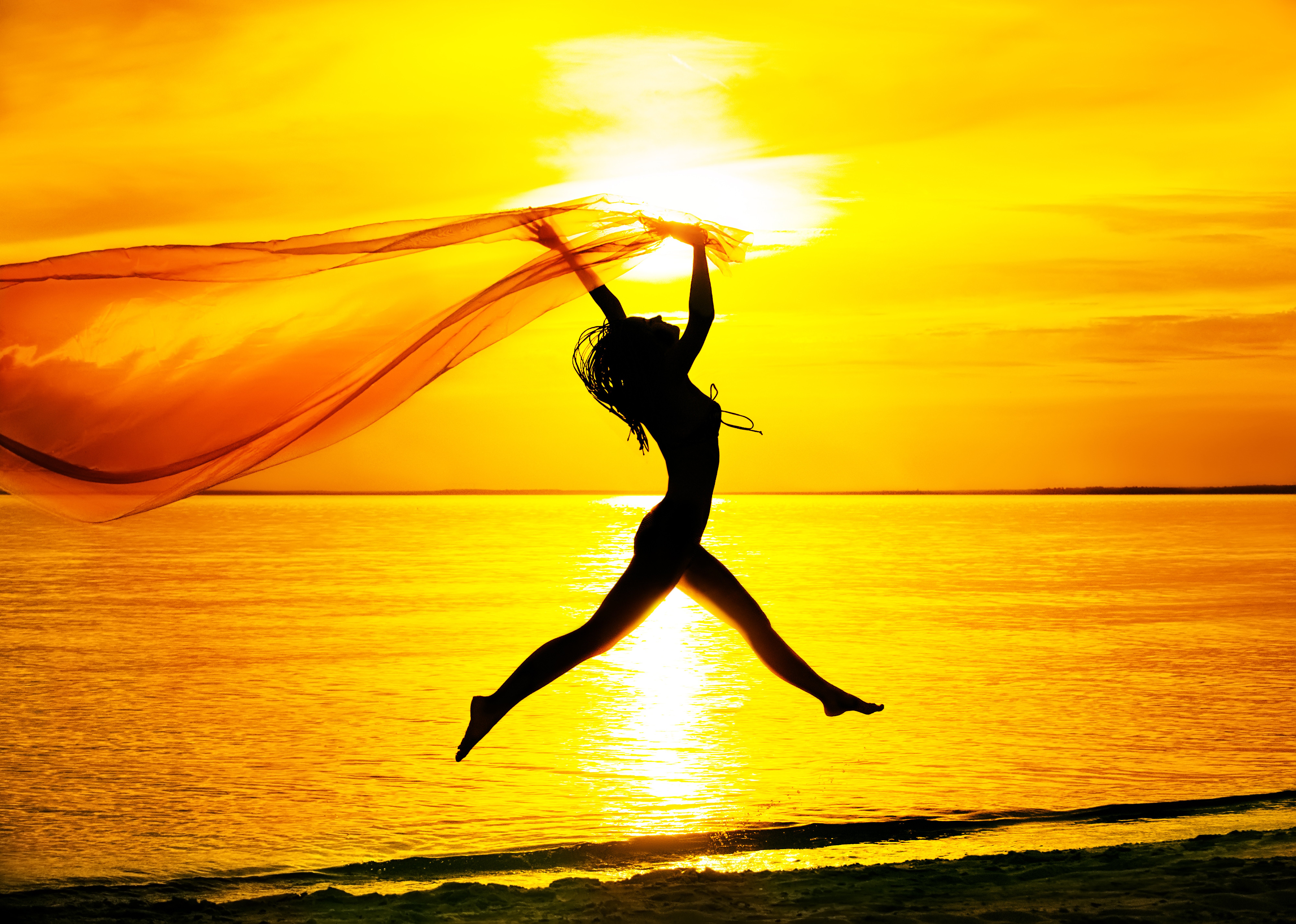 mood, Girl, Jump, Silhouette, Sea, Sunset, Sky, Beach Wallpaper