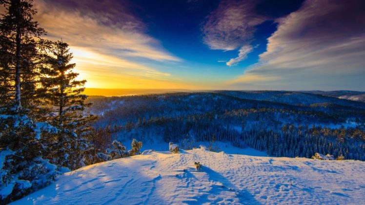 sunrise, Sun, Sky, Clouds, Winter, Snow, Trees, Forest, Nature, Landscape, Hills HD Wallpaper Desktop Background
