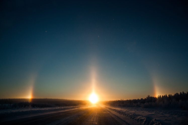 sun, Halo, Horizon, Road, Sky, Night, Sunset, Trees, Snow, Winter, Nature, Landscape HD Wallpaper Desktop Background