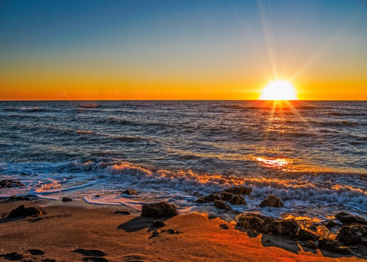 sunset, Sea, Rocks, Waves, Landscape HD Wallpaper Desktop Background