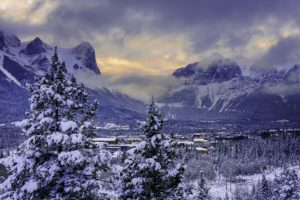 sunset, Mountains, Winter, Trees, Houses, Canmore, Alberta