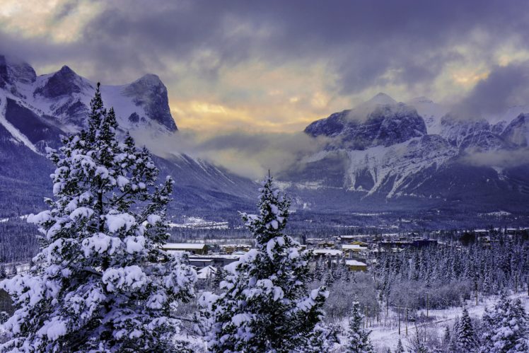 sunset, Mountains, Winter, Trees, Houses, Canmore, Alberta HD Wallpaper Desktop Background