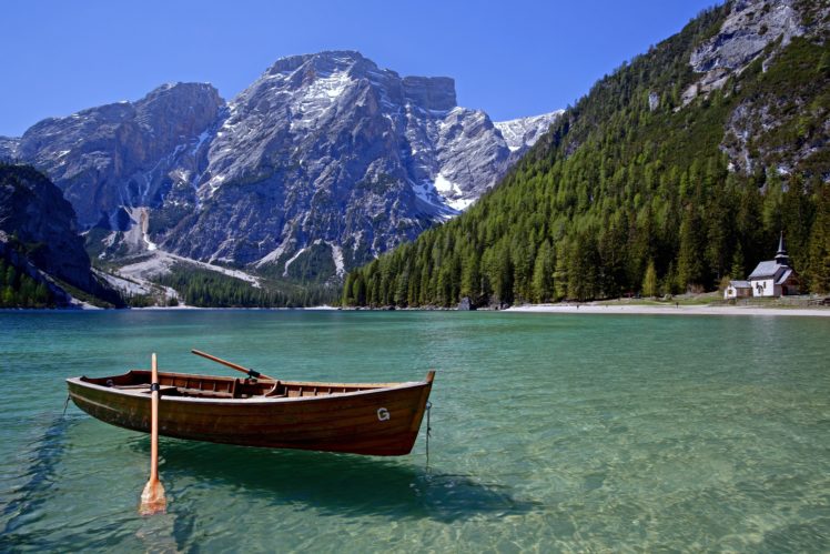 landscape, Nature, Boat, Lake, Spring, Mountains, Forest, Trees, Snow HD Wallpaper Desktop Background