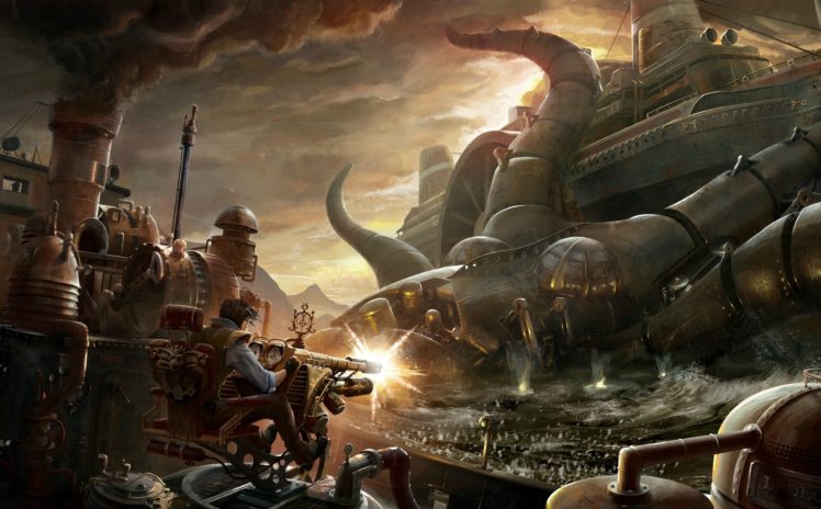 steampunk, Mechanical, Monster, Weapns, Guns, Ships HD Wallpaper Desktop Background