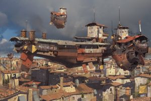 steampunk, Mechanical, Ships, Boats, Cities