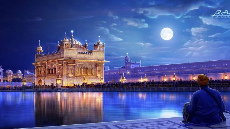 india, The, Golden, Temple, Sky, Amazing, Beautiful, Moon, Landscape, Water, Fantasy HD Wallpaper Desktop Background