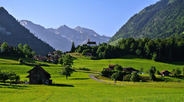 switzerland, Town, Countryside, Landscapes, Houses, Trees, Grass, Green, Spring, Nature, Forest, Beauty, Life, Mountains, Farms HD Wallpaper Desktop Background