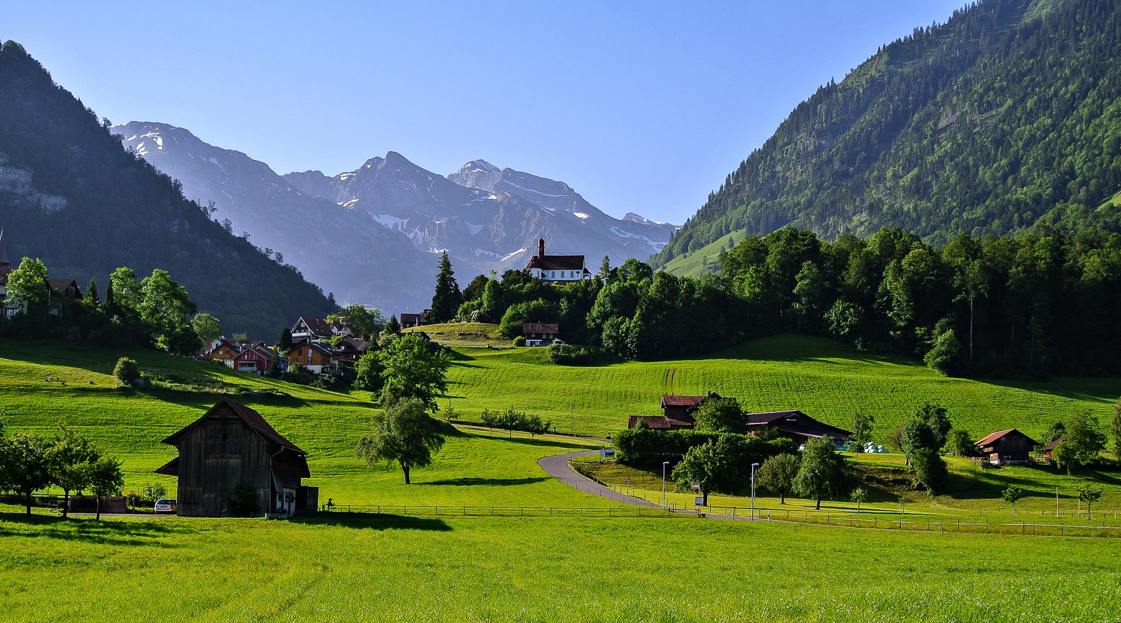 switzerland, Town, Countryside, Landscapes, Houses, Trees, Grass, Green, Spring, Nature, Forest, Beauty, Life, Mountains, Farms Wallpaper