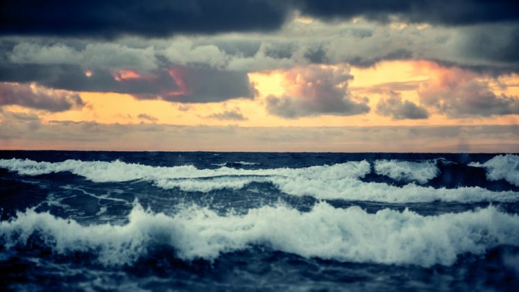 horizon, Waves, Sunset, Troubled, Sea, Waves, Clouds, Sea HD Wallpaper Desktop Background