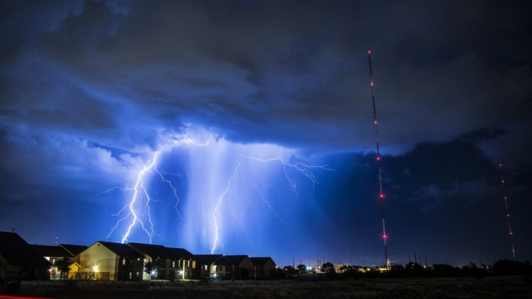 storm, Lightning, Clouds, Rain, Night, Home, Lights, Antenna, Nature HD Wallpaper Desktop Background