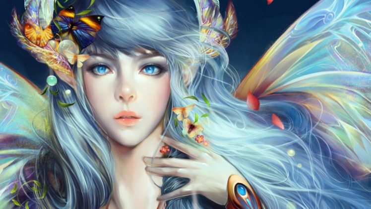 fantasy, Girl, Fairy, Beautiful, Blue, Hair, Blue, Eyes, Face, Flower HD Wallpaper Desktop Background