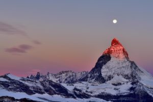 cervino, Matterhorn, Alpi, Mountains, Snow, Moon, Sunset, Twilight, Peak, Top, Nature, Landscape