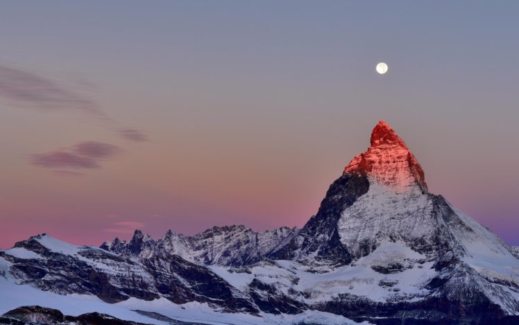 cervino, Matterhorn, Alpi, Mountains, Snow, Moon, Sunset, Twilight, Peak, Top, Nature, Landscape HD Wallpaper Desktop Background