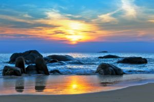 coast, Stones, Sky, Sunrise, Sunset, Scenery, Sea, Ocean, Beach, Waves
