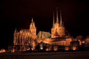 germany, Houses, Erfurt, Night, Cities, Castle, Church, Cathedral