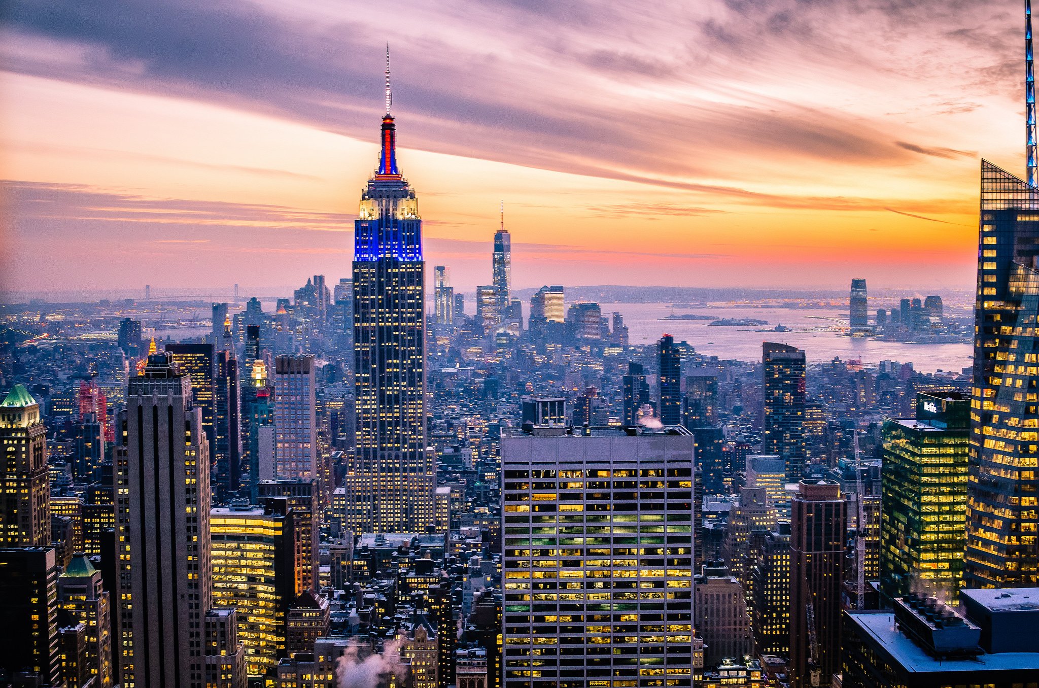 new york usa manhattan empire state building new york usa skyscrapers buildings lights sky clouds night sunset twilight city wallpapers hd desktop and mobile backgrounds wallup net