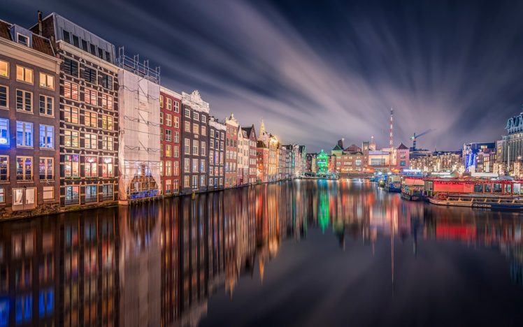 night, Grand, Central, Station, Houses, Amsterdam, Reflection HD Wallpaper Desktop Background