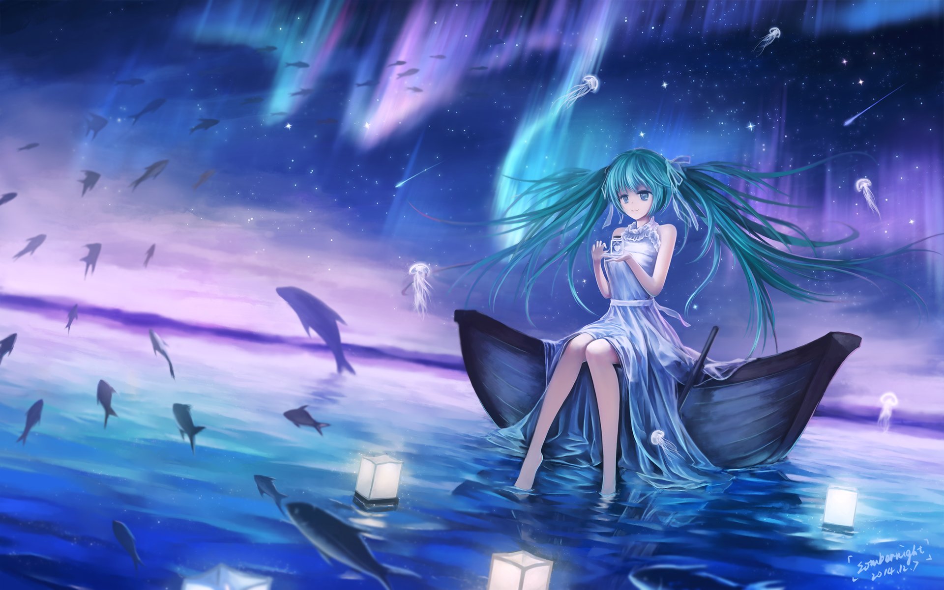 Animal Aqua Eyes Aqua Hair Boat Fish Hatsune Miku Sombernight