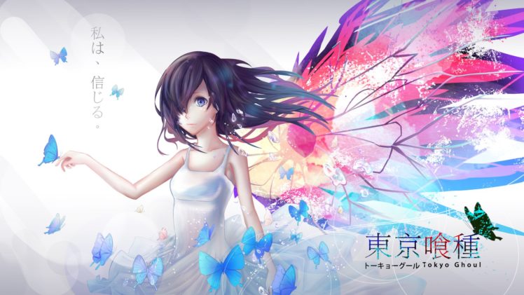 black, Hair, Blue, Eyes, Butterfly, Dress, Kirishima, Touka, Logo, Tokyo, Ghoul HD Wallpaper Desktop Background