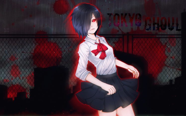 black, Hair, Kirishima, Touka, Logo, Red, Eyes, Seifuku, Tokyo, Ghoul, Watermark HD Wallpaper Desktop Background