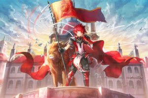 all, Male, Animal, Armor, Bird, Building, Clouds, Elsword, Elsword,  character , Gloves, Lion, Male, Red, Eyes, Red, Hair, Scorpion5050, Short, Hair, Sky