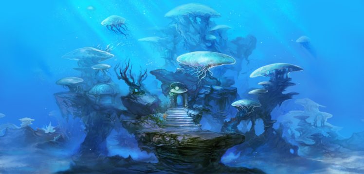 animal, Blue, Electric, Sheep, Nobody, Original, Ruins, Stairs, Underwater, Water HD Wallpaper Desktop Background