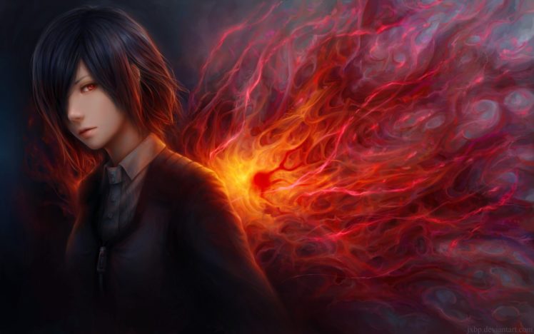 black, Hair, Jason, Peng, Kirishima, Touka, Red, Eyes, Short, Hair, Tokyo, Ghoul, Watermark HD Wallpaper Desktop Background