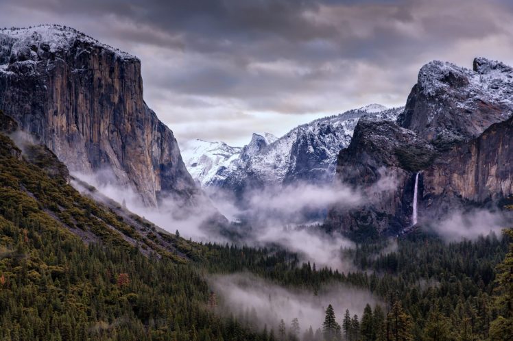 usa, California, Yosemite, Landscapes, Clouds, Nature, Mountains, Forest, Snow, Winter, Waterfall, Fog, Sky HD Wallpaper Desktop Background