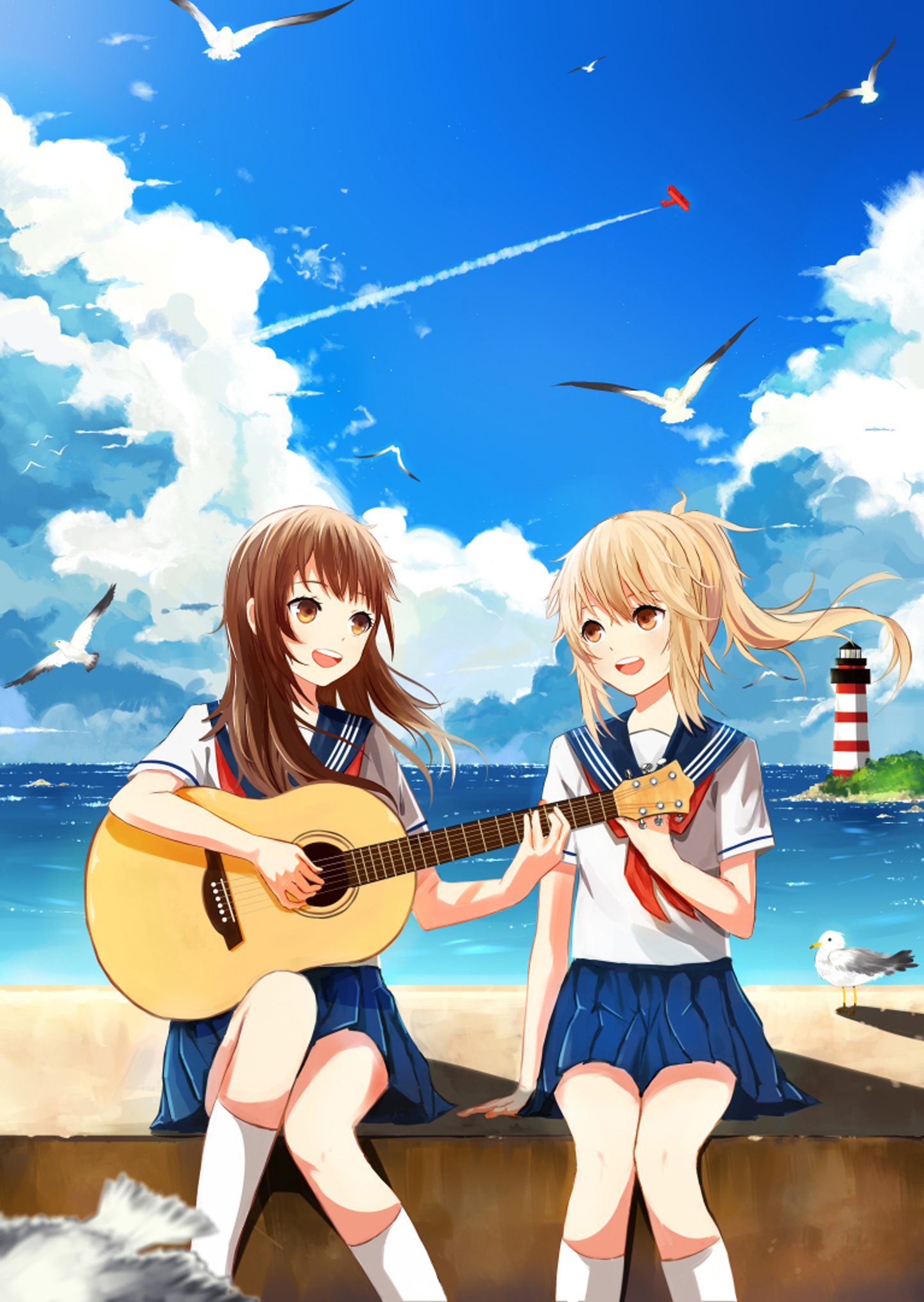 original, Long hair, Summer, Friend, Sea, Animal, Guitar, Song, Music, Anime Wallpaper