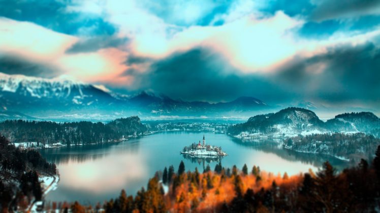 slovenia, Bled, Lake, Slovenia, Lake, Bled, Mountain, Forest, Trees, Island, Church, Home, Lake, Water, Snow, Winter, Sky, Clouds, Landscape, Nature HD Wallpaper Desktop Background