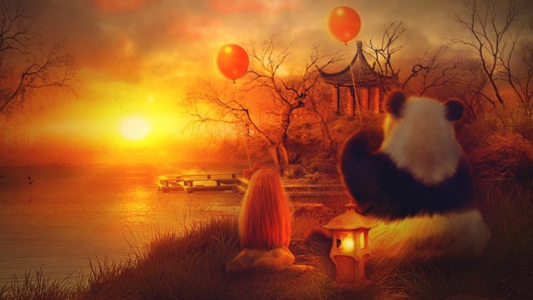 sunrise, Sunsets, Panda, Fantastic, World, Toy, Balloon, Lamp, Fantasy, Artwork, Mood, Original HD Wallpaper Desktop Background
