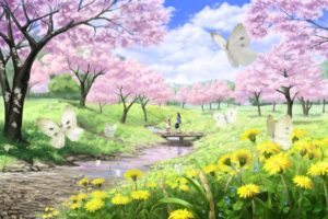 girls, Butterfly, Cherry, Blossoms, Clouds, Flowers, Grass, Hat, Imaoka, Landscape, Original, Scenic, Tree, Water