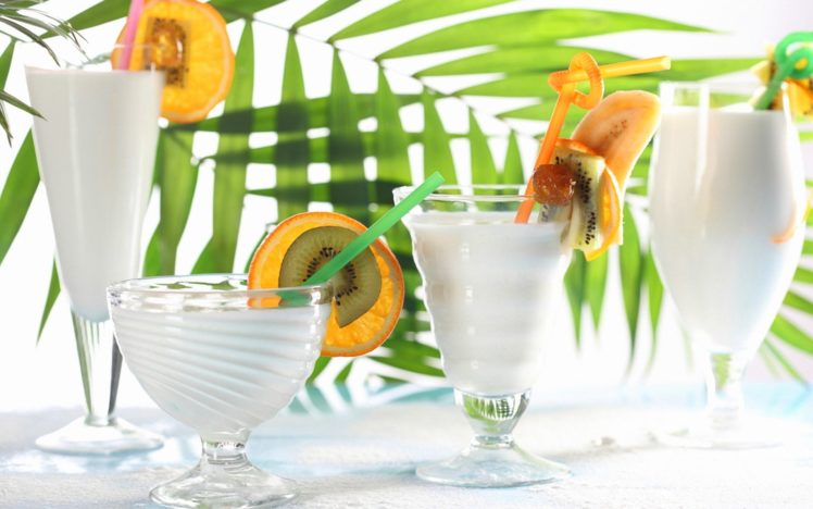 glasses, Cocktails, Shakes, Fruit, Slices, Leaves, Kiwi, Orange, Banana HD Wallpaper Desktop Background