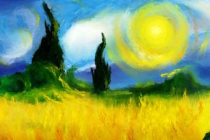 paintings, Clouds, Nature, Sun, Trees, Fields, Impressionist, Painting
