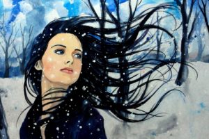 painting, Art, Girl, Snow, Winter, Tree, Blue, Eyes