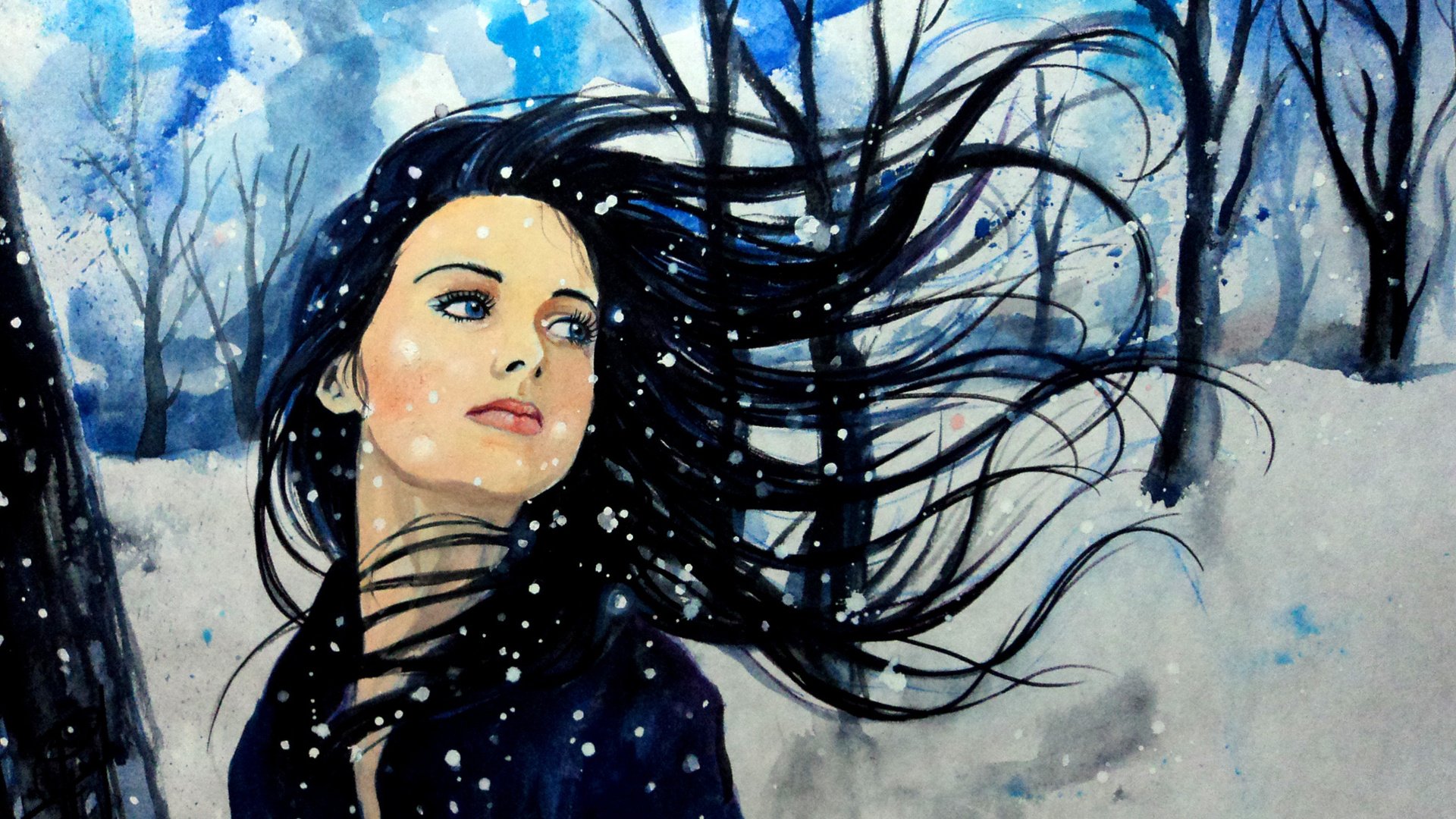 painting, Art, Girl, Snow, Winter, Tree, Blue, Eyes Wallpaper