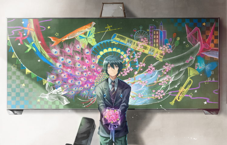 animal, Blue, Hair, Brown, Eyes, Butterfly, Fish, Flowers, Hayama, Eishi, Original, Suit, Tie HD Wallpaper Desktop Background