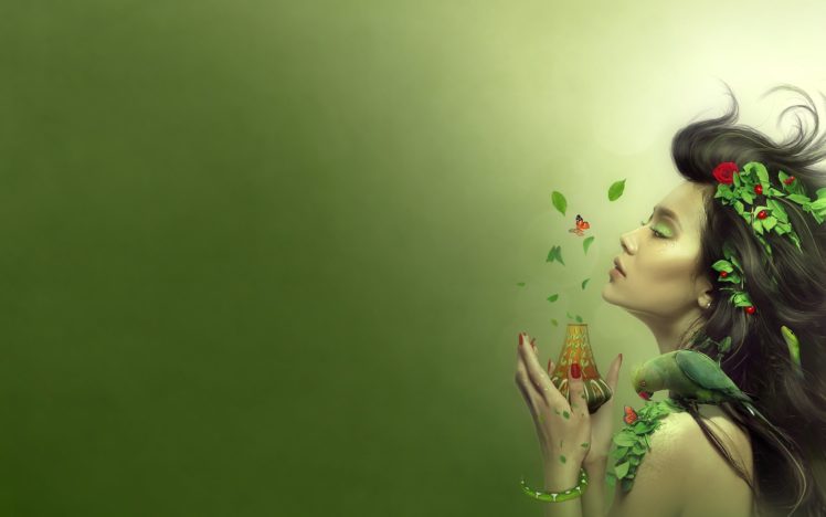 art,  , Girl, Spring, Fragrance, Butterfly, Parrot HD Wallpaper Desktop Background