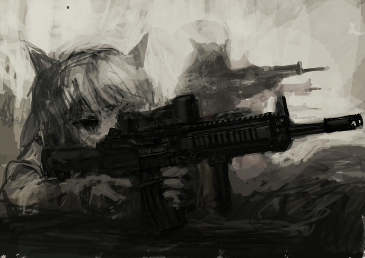 animal, Ears, Catgirl, Gun, Lm7,  op center , Monochrome, Original, Weapon HD Wallpaper Desktop Background