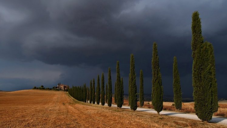 storm, Val, Dand039orcia, Trees, Road, Sky, Landscape, Nature, Fields, Clouds, Countryside, Rain HD Wallpaper Desktop Background