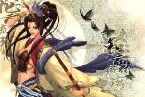 brown, Hair, Butterfly, Cleavage, Japanese, Clothes, Long, Hair, Original, Sword, Teddy, Yang, Weapon