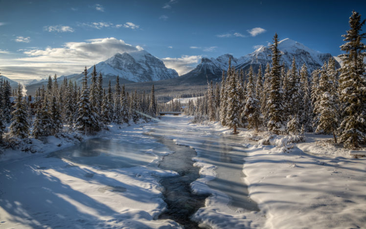 winter, River, Mountain, Forest, Trees, Mount, Temple, Canada, Snow HD Wallpaper Desktop Background