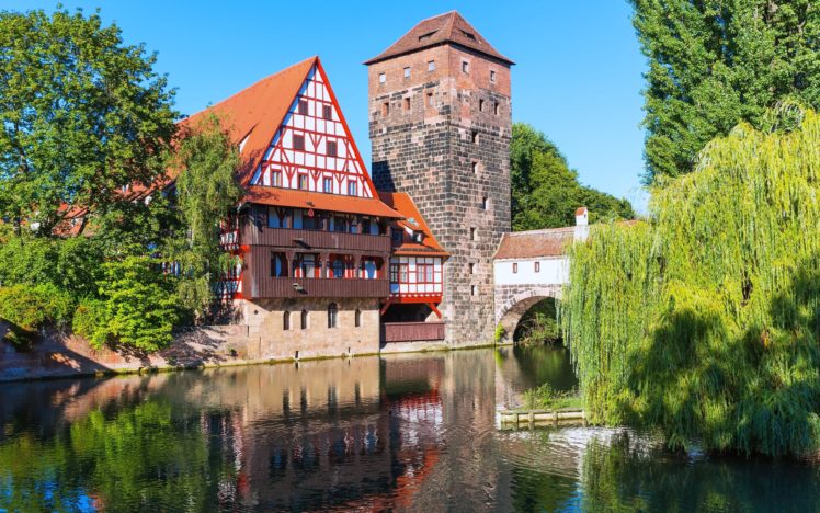 nuremberg, Bavaria, Hangmanand039s, Henkersteg, Pegnitz, River, Nuremberg, Bavaria, Germany, Pegnitz, River, Trees, Building, Waterfront HD Wallpaper Desktop Background