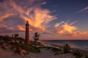 sunset, Beach, Lighthouse, Lake, Michigan, Sand