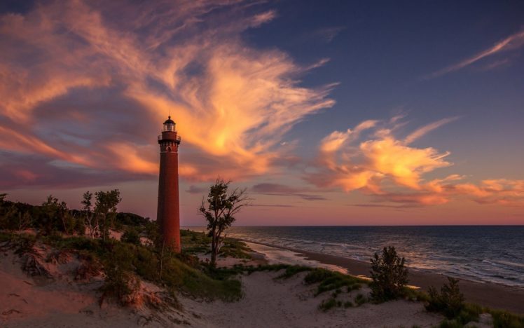 sunset, Beach, Lighthouse, Lake, Michigan, Sand HD Wallpaper Desktop Background